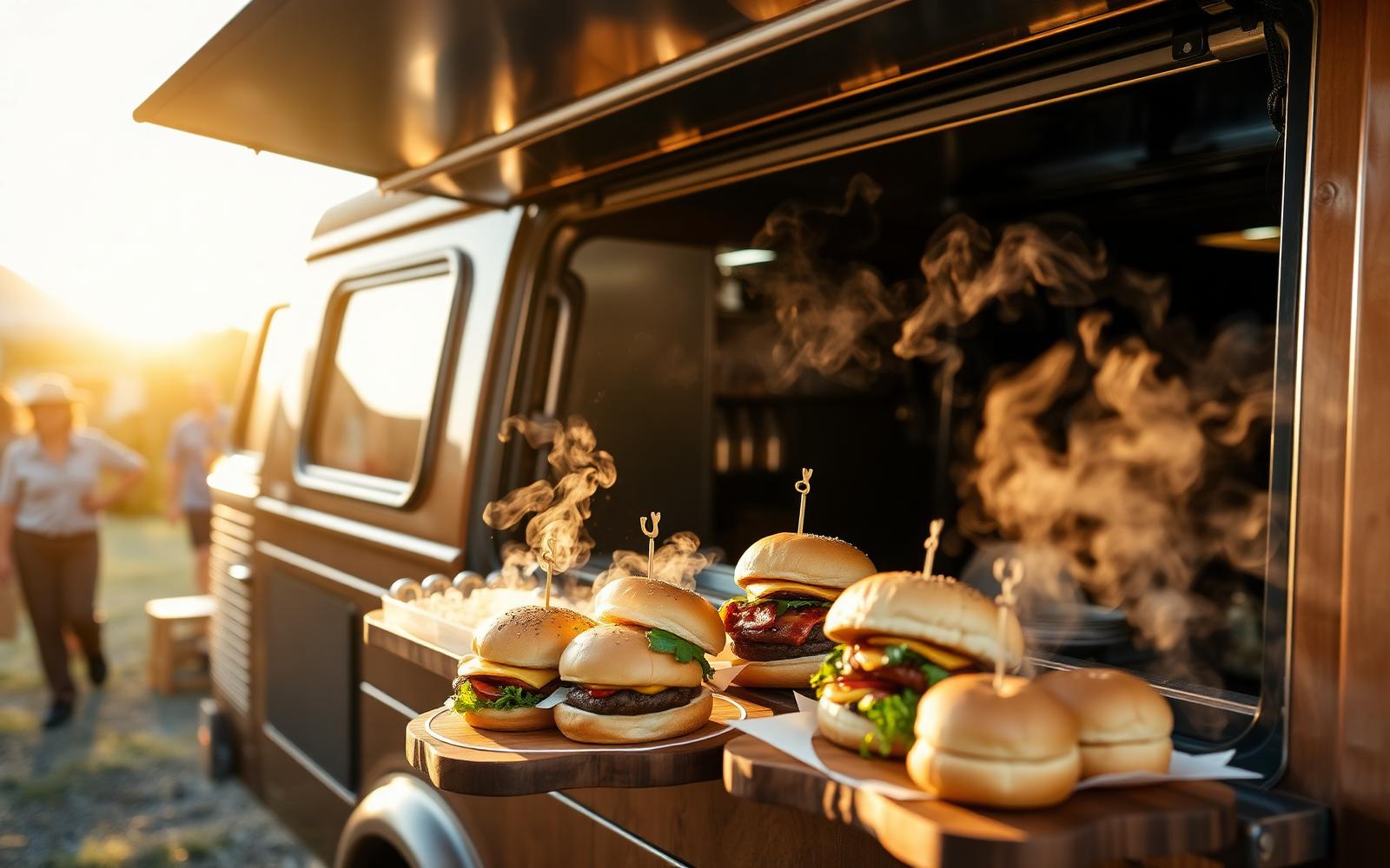 Fresh gourmet rolls served from Lauren's Catering van at golden hour