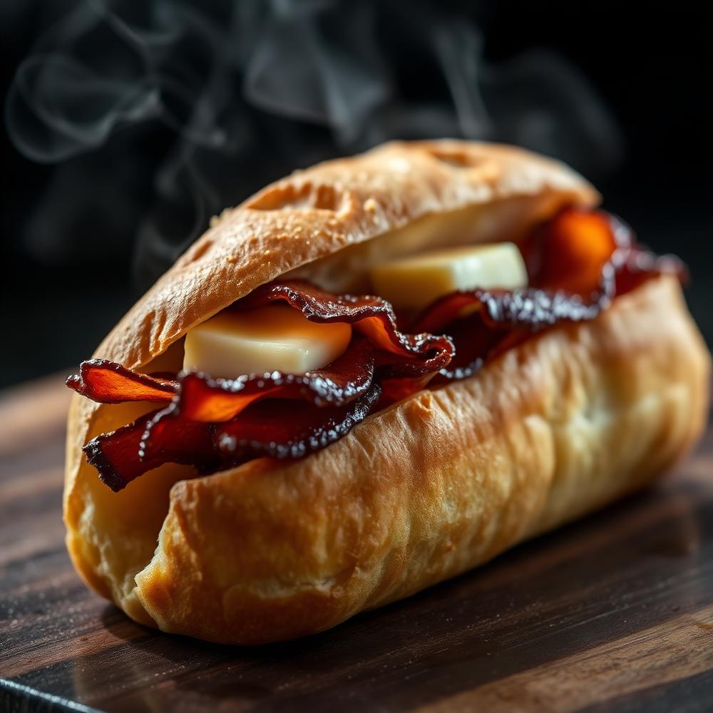 A hot bacon and butter roll on artisan bread